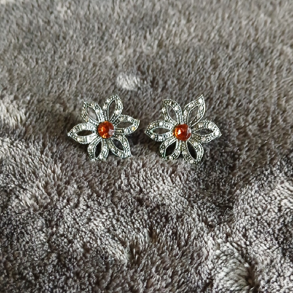 Elegant Silver and Orange Floral Earrings
